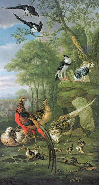 Cock pheasant, hen pheasant and chicks and other birds in a classical landscape by Pieter Casteels